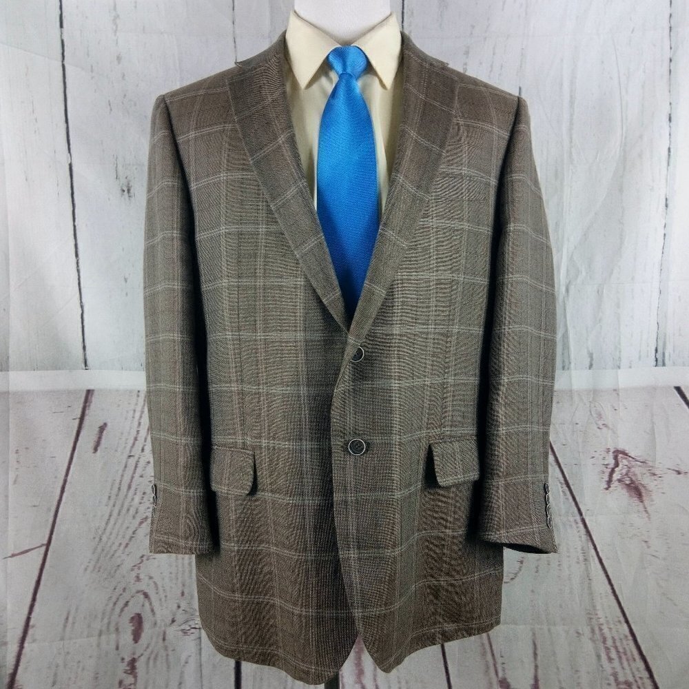 Joseph Abboud Tailored 46R Mens 2 Btn Brown Plaid Windowpane Blazer Spor…